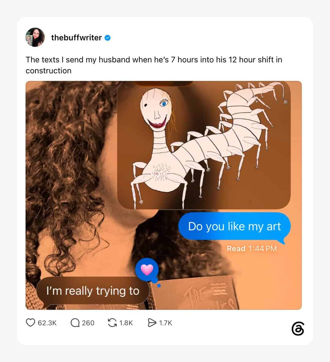 Text message exchange about art with a funny drawing of a woman and a centipede.