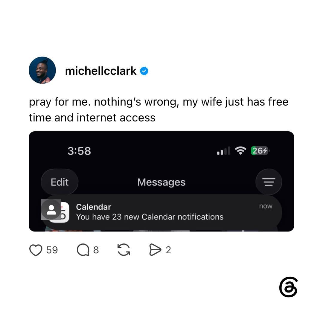 A social media post showing a message from michelleclclark about his wife having internet access.