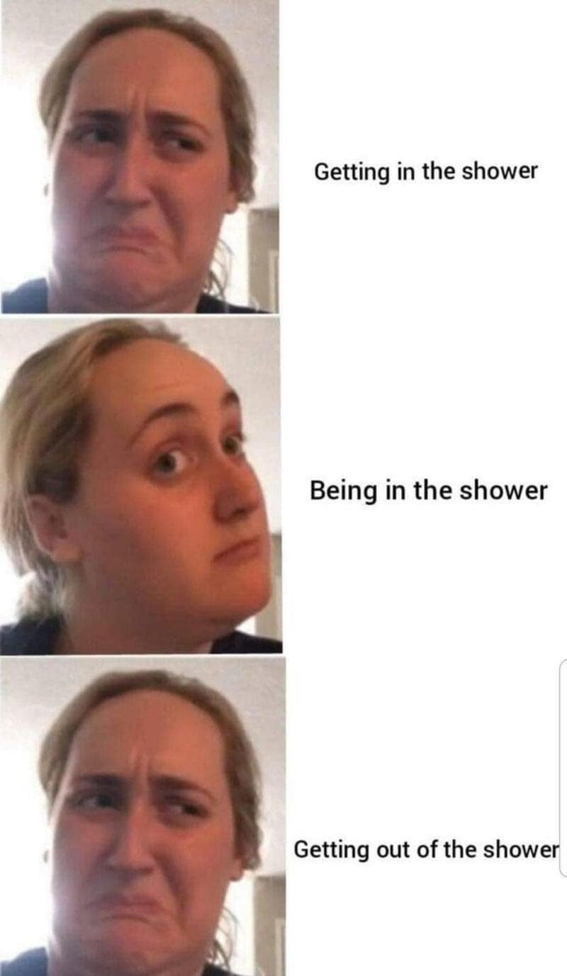 Three images showing a woman with different facial expressions and captions about showering.