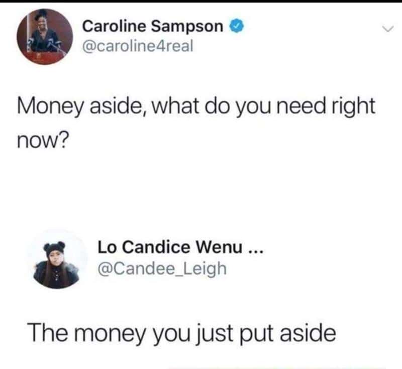 Twitter conversation between Caroline Sampson and Lo Candice Wenu about money.
