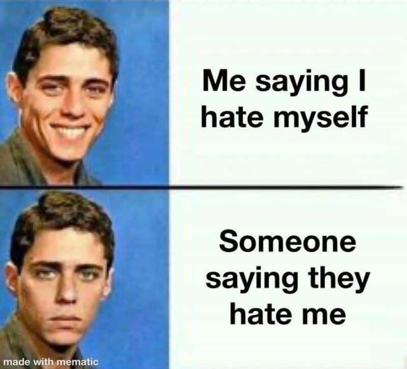 Two images of a young man, first smiling, then looking serious, with text about self-hate and others.