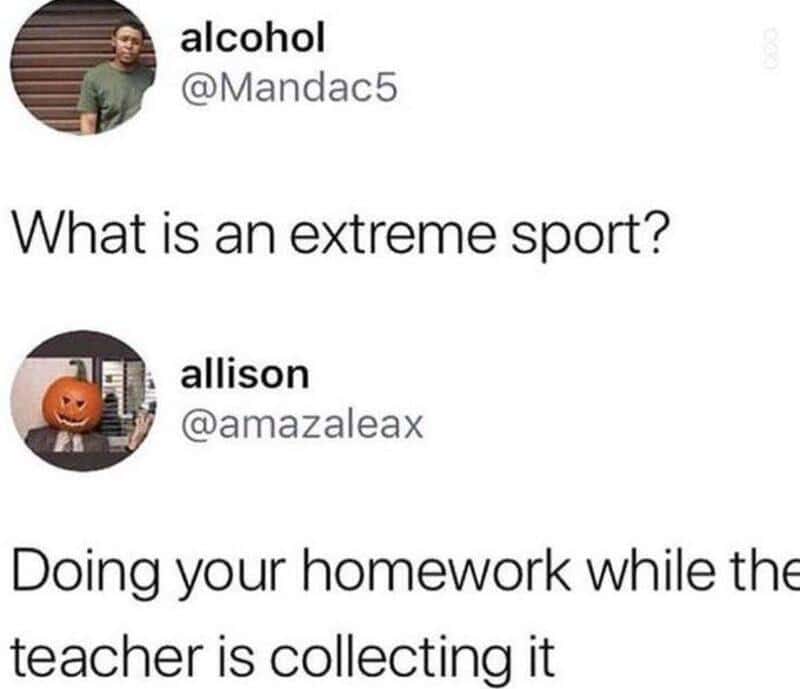 Twitter conversation about extreme sports and doing homework.