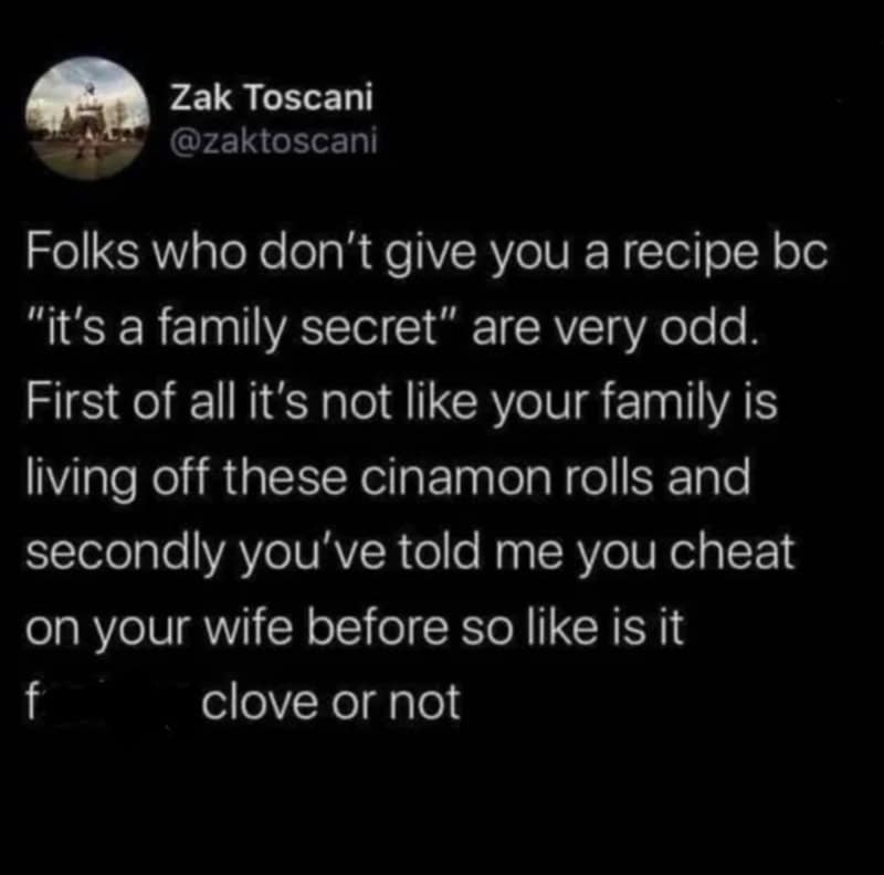 Social media post by Zak Toscani about family secret cinnamon rolls.