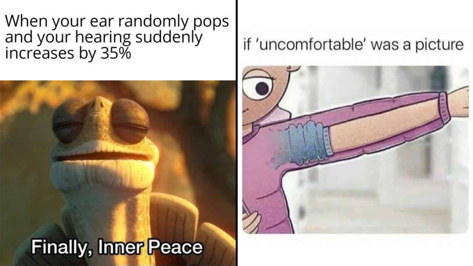 Two memes about relatable experiences, one with a frog and one with a cartoon girl.