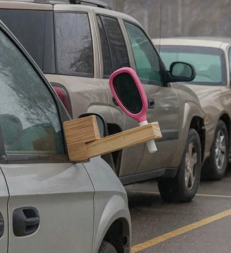 A pink handheld mirror attached to a wooden block on a car window.