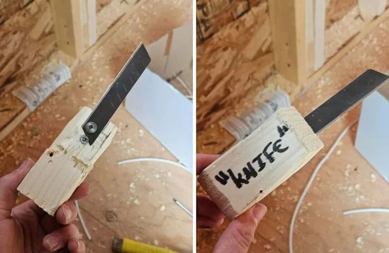 Homemade saw with a piece of wood and a metal blade, labeled 'WALICE'.
