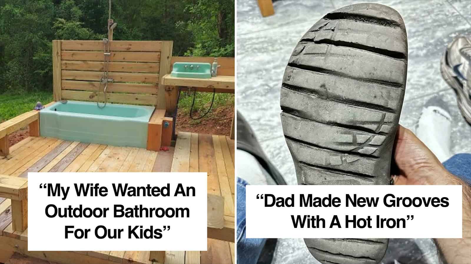 Outdoor bathtub with wooden deck and a washing machine, captioned "My Wife Wanted An OutdoorBathroom.