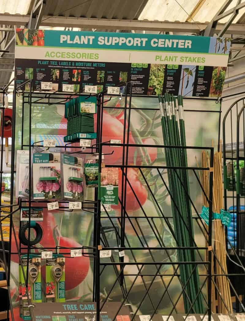 Plant support center with plant stakes, ties, labels, and tree care products.