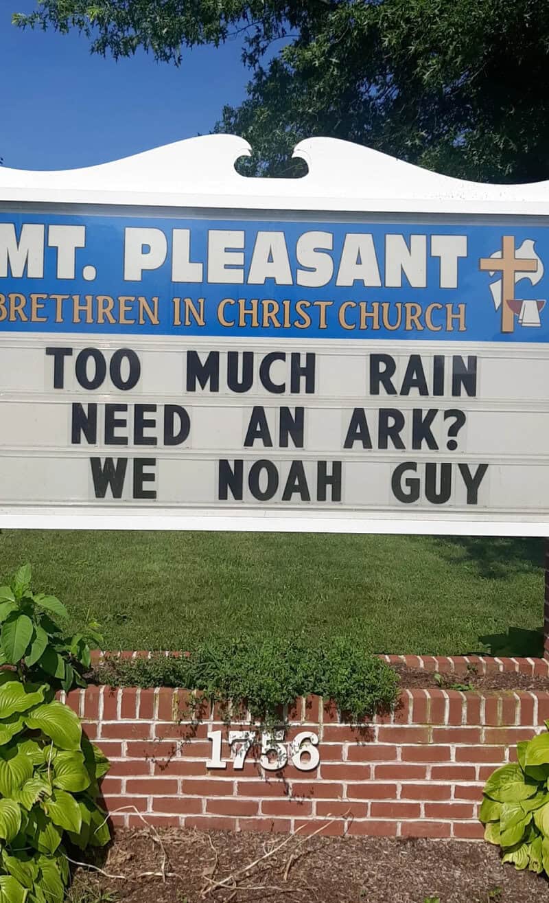 Sign for Mt. Pleasant Brethren in Christ Church with humorous message about rain and Noah.