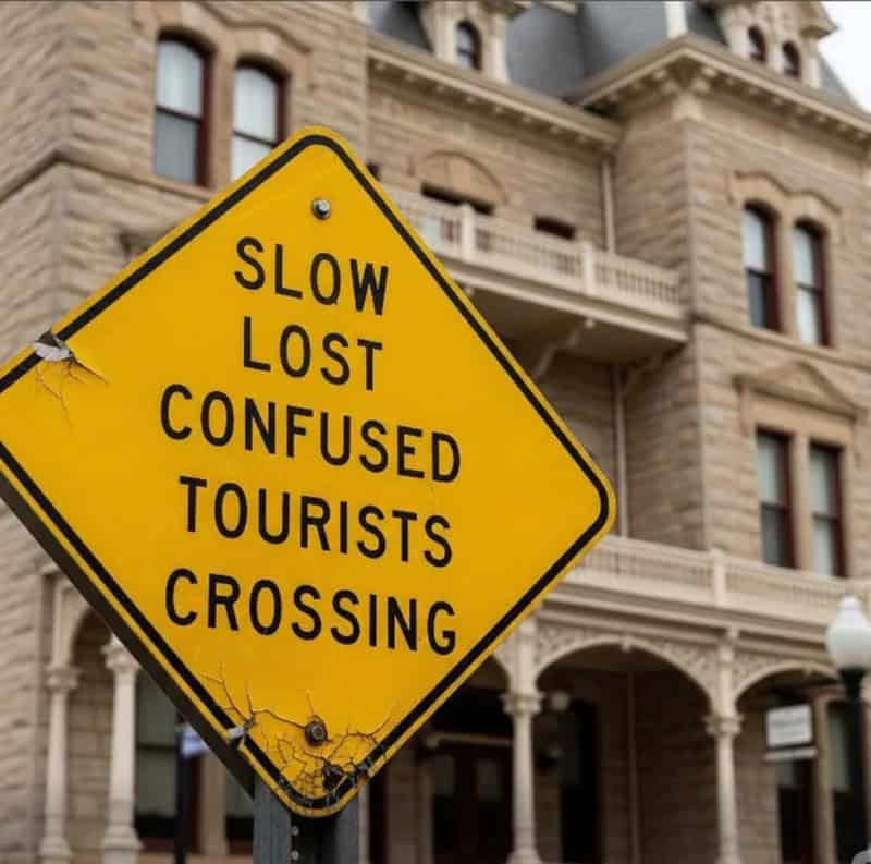 Yellow warning sign: Slow, Lost, Confused Tourists Crossing in front of historic building.
