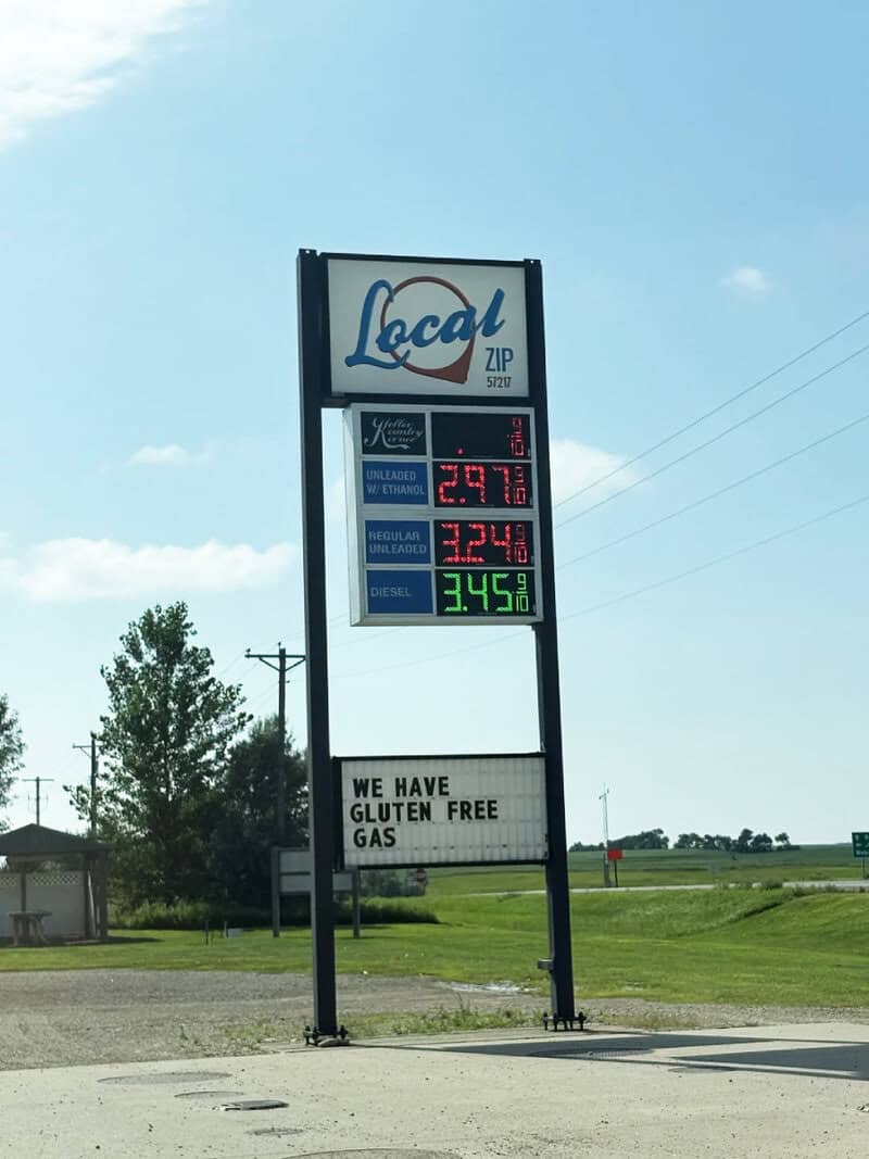 Gas prices at Local ZIP: Unleaded $2.78, Regular $2.34, Diesel $3.45. Sign says we have gluten free.
