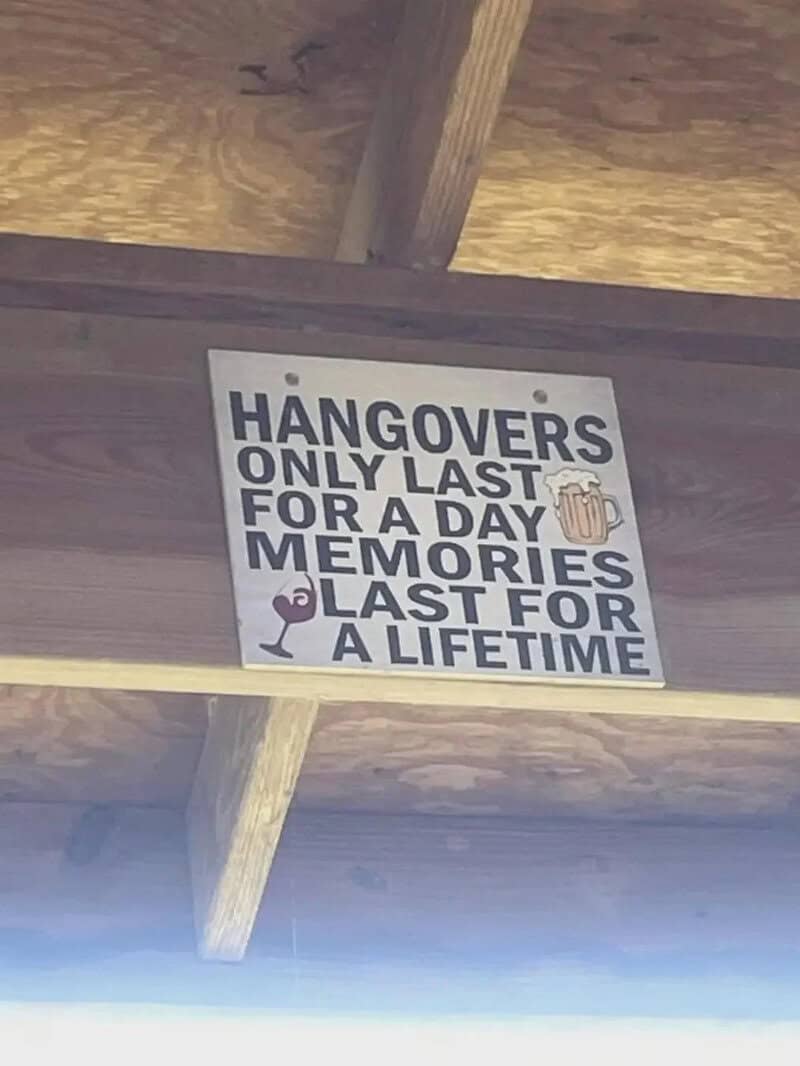 Hangovers only last for a day, memories last for a lifetime sign with beer mug and flamingo.