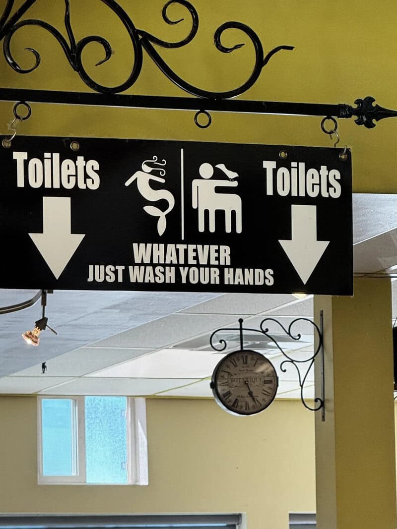 Sign for toilets with humorous instructions to wash hands, featuring arrows and icons.