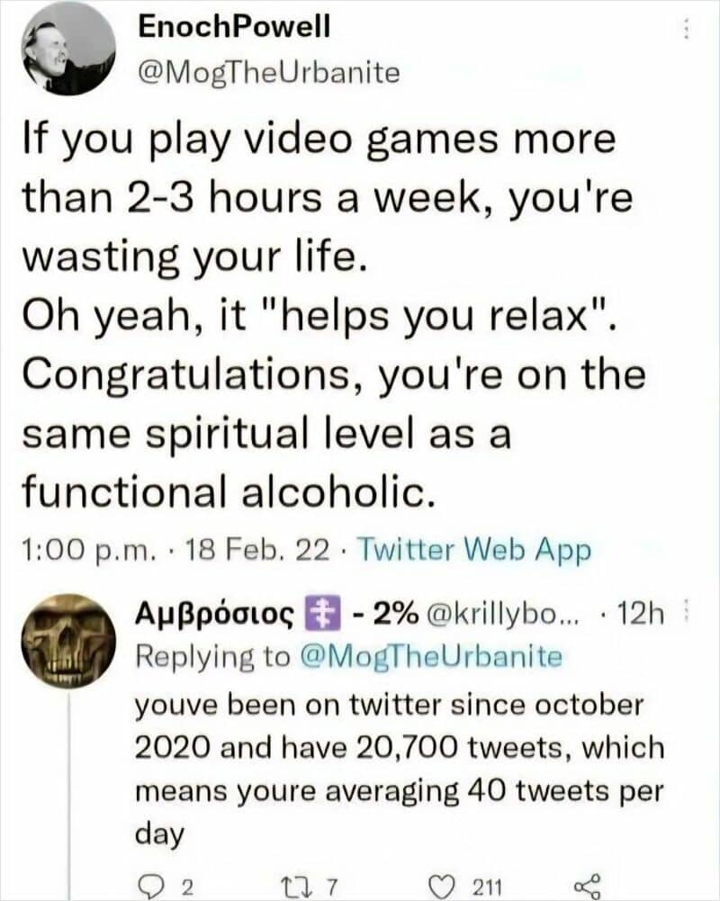 Funny tweet about video game playing and spiritual level comparison.