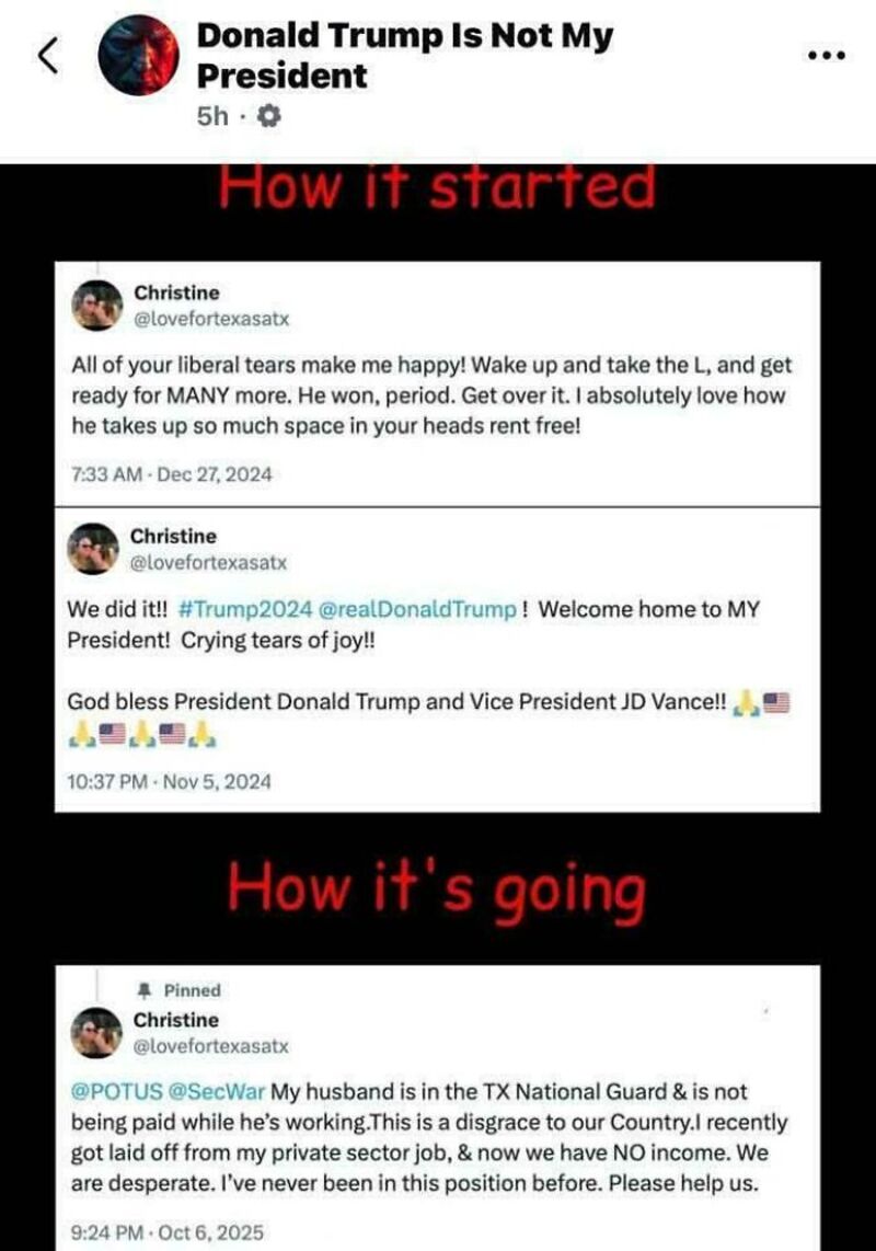 A meme showing the start and progress of a humorous online exchange about Trump.