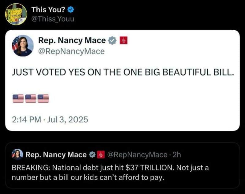 Rep. Nancy Mace votes yes on a bill, with a tweet about national debt hitting $37 trillion.