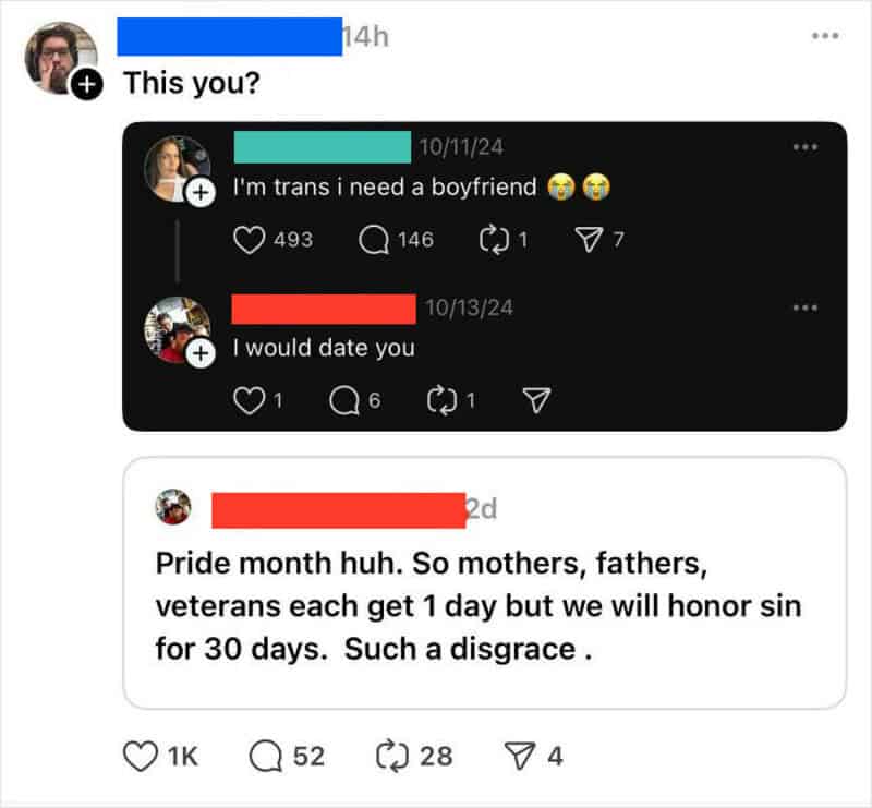 Social media comments about being trans, dating, and pride month.