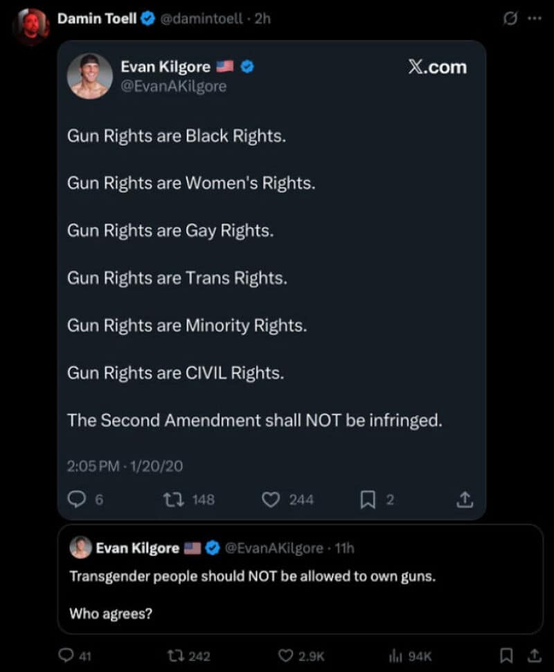 Twitter post by Evan Kilgore about gun rights and rights of various groups.
