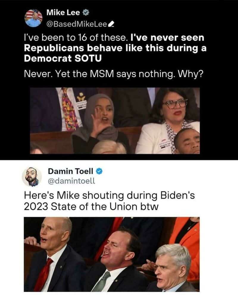 Mike Lee and Damin Toell at a political event, with Mike Lee shouting.
