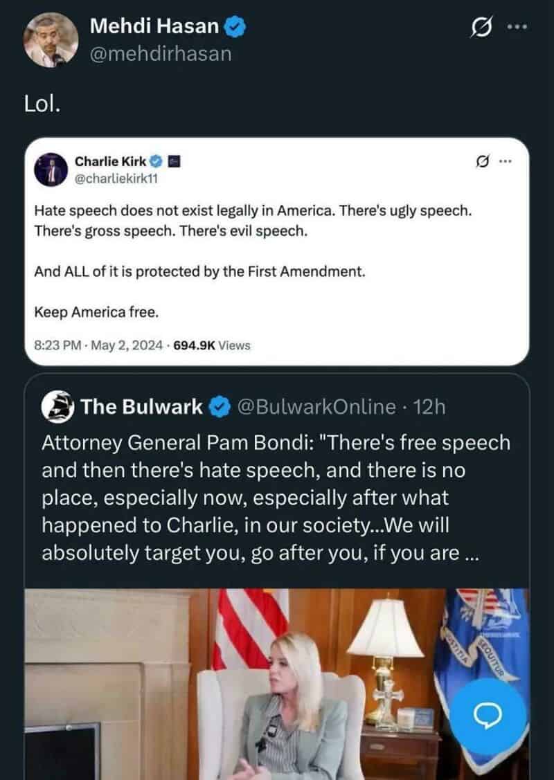 Screenshot of tweets about free speech and a woman in an office.
