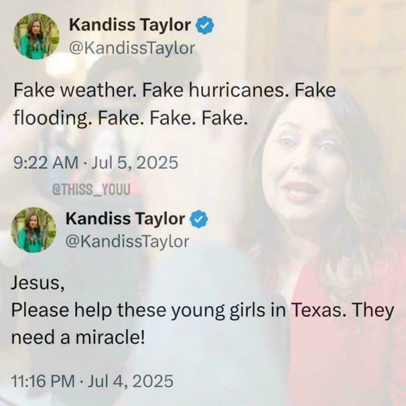 Kandiss Taylor tweets about fake weather and asks for help for young girls in Texas.