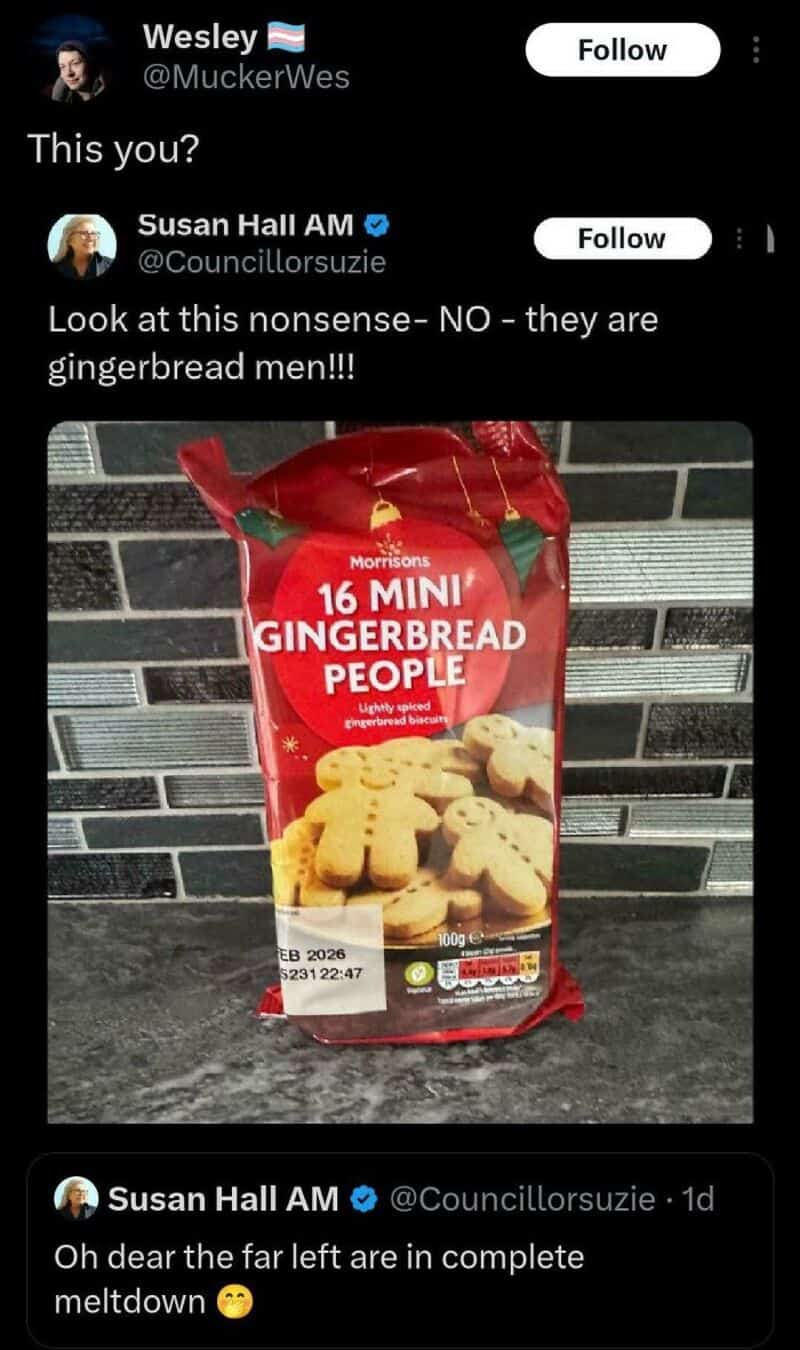 Mini gingerbread cookies in a red bag on a metal surface.