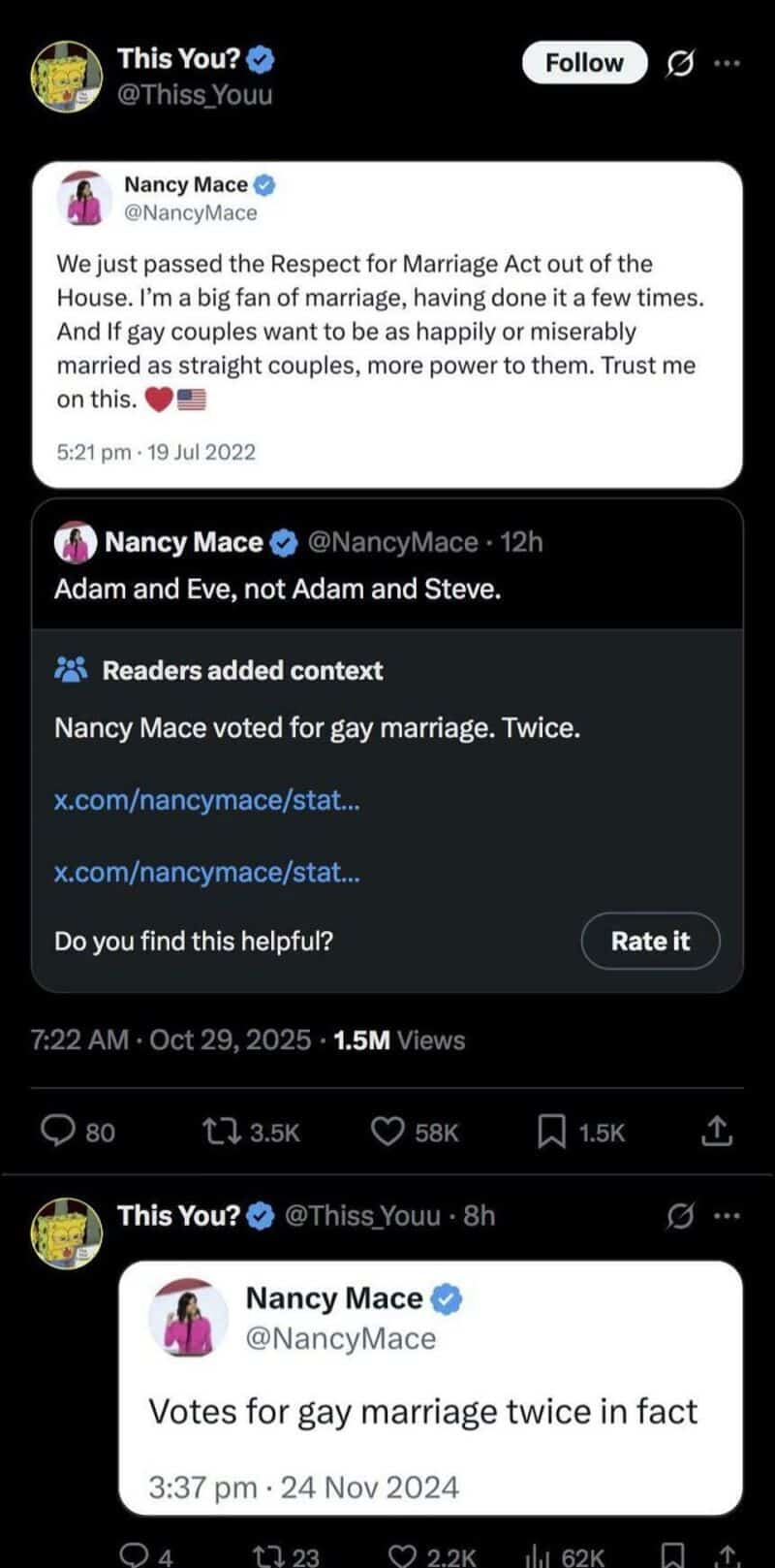 Twitter post about voting for gay marriage twice, with comments and reactions.