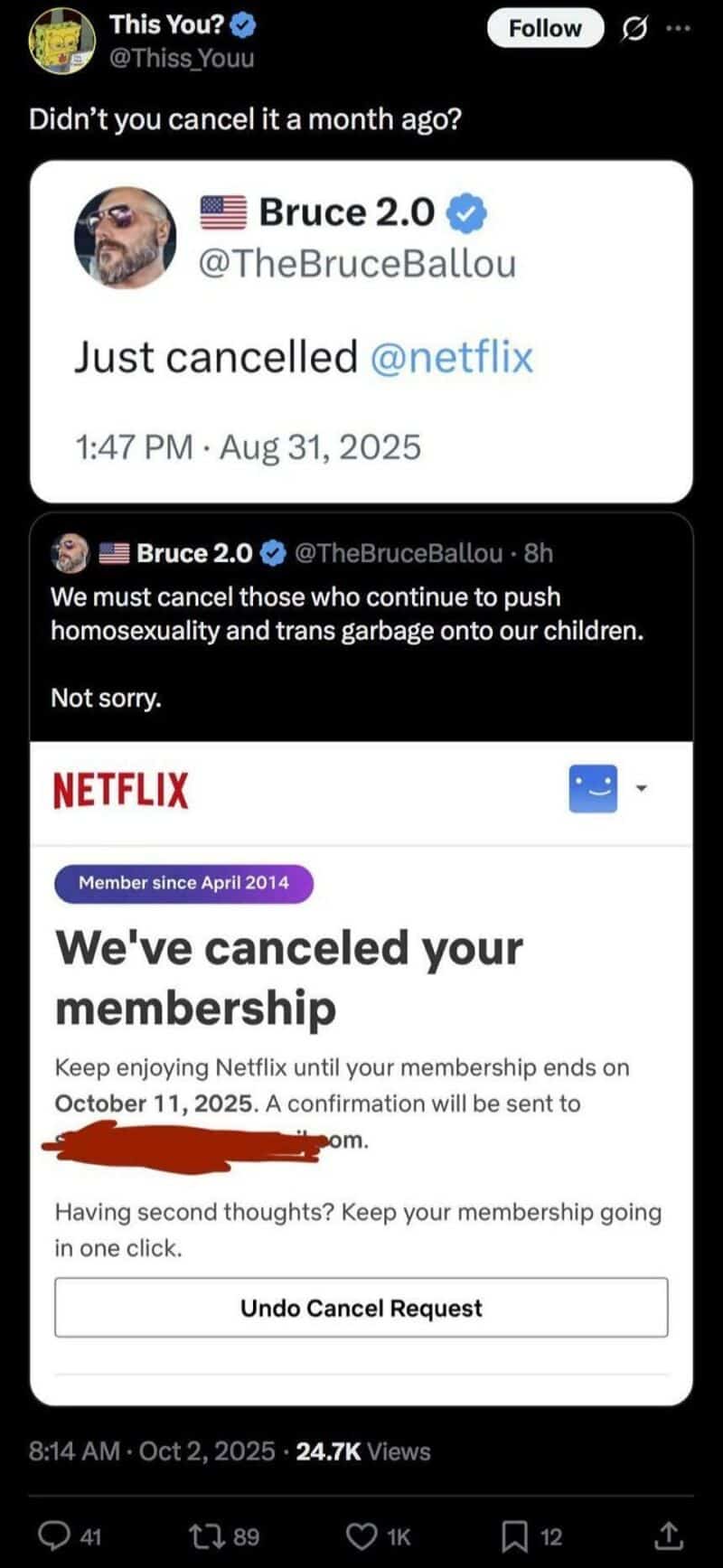 Twitter post showing Bruce 2.0 canceling Netflix membership and urging to cancel others.
