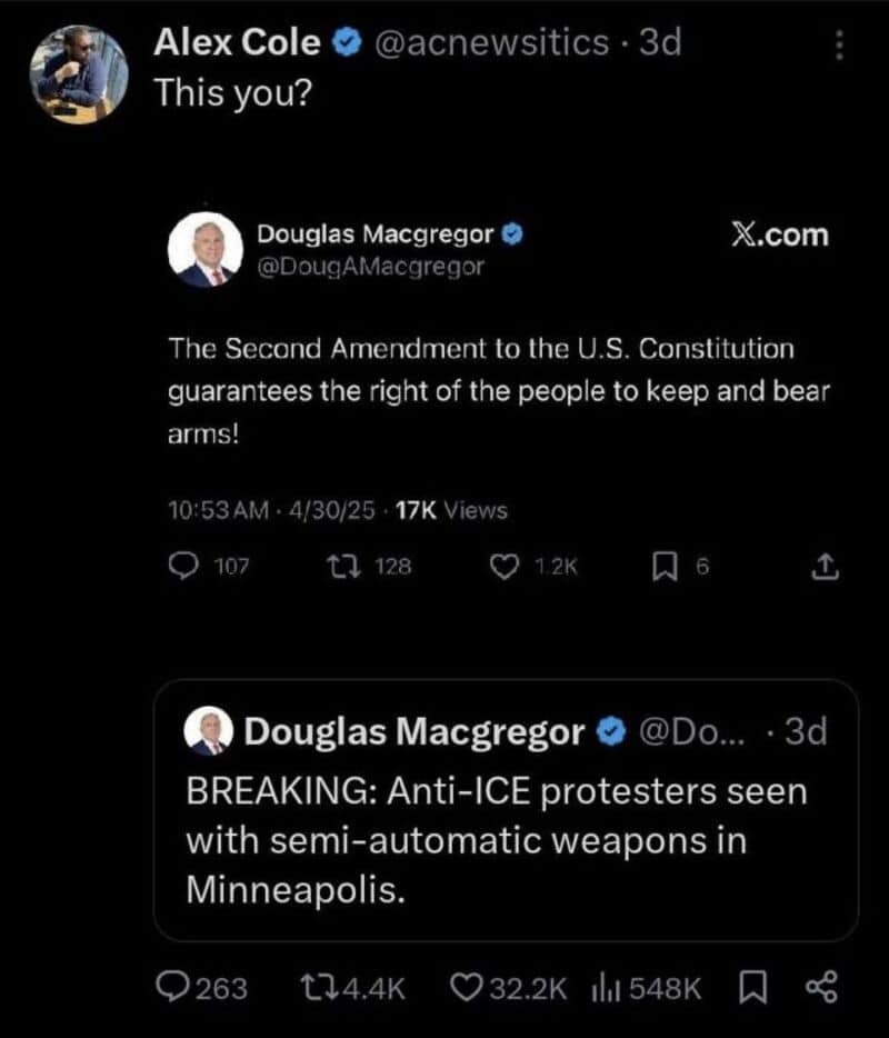 Twitter exchange about the Second Amendment and anti-ICE protests.