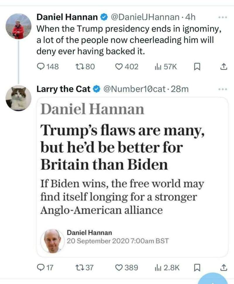 Twitter post by Daniel Hannan criticizing Trump's presidency and Biden's potential impact.