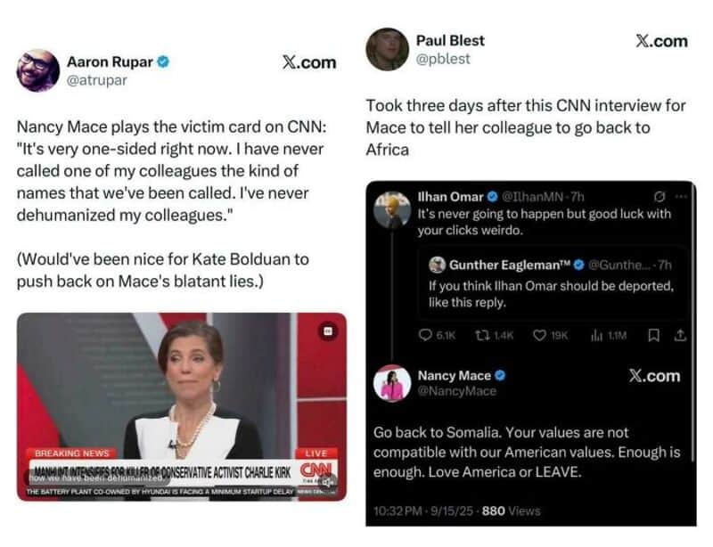 Nancy Mace's CNN interview quote about her colleagues' names and dehumanization.
