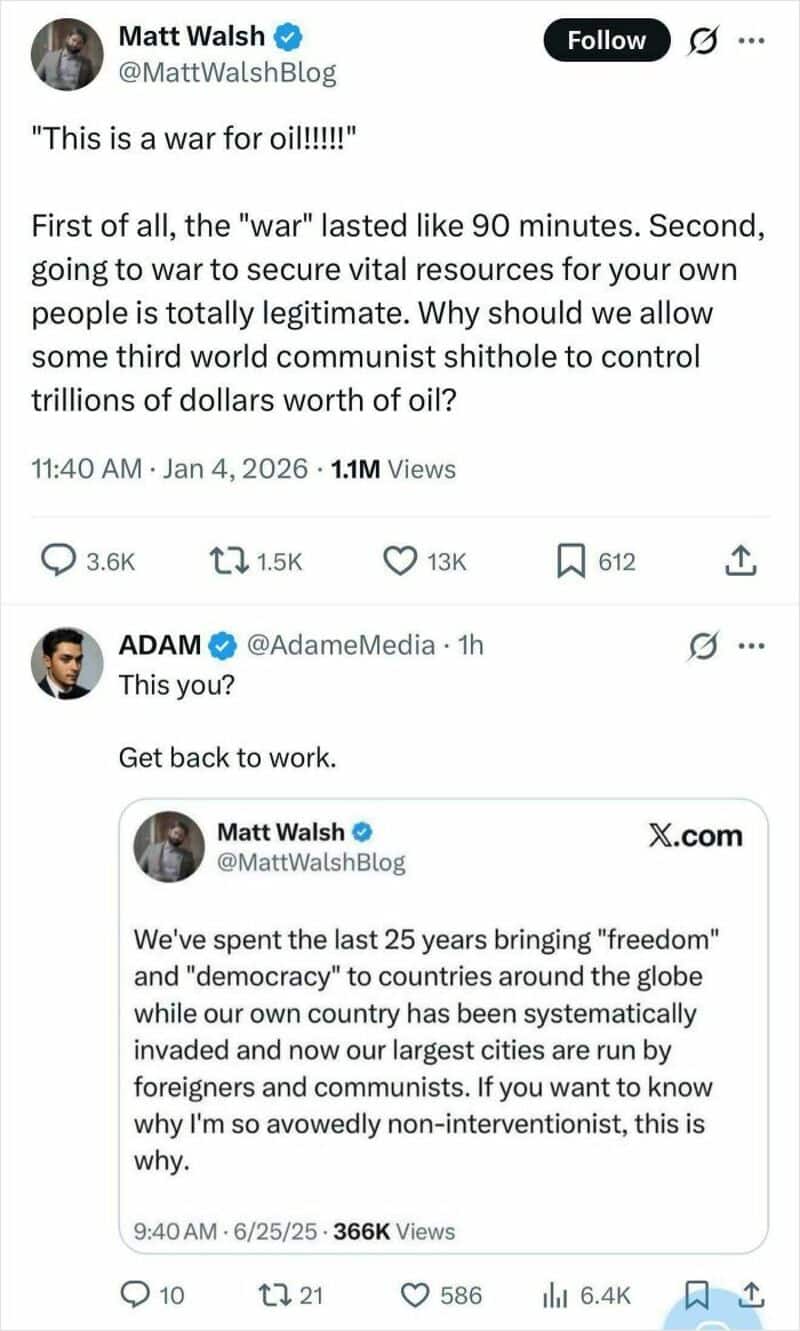 Twitter exchange about war, with Matt Walsh's tweet and Adam's reply.