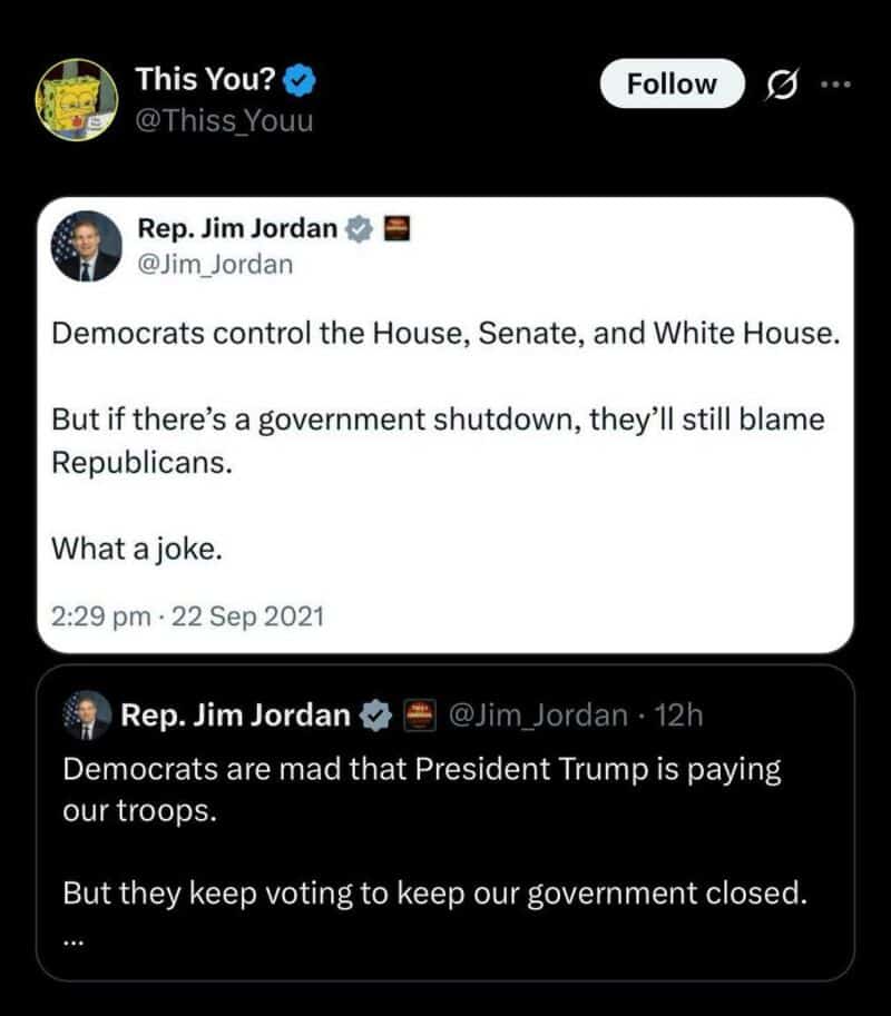 Twitter screenshots of Jim Jordan criticizing Democrats and Trump.
