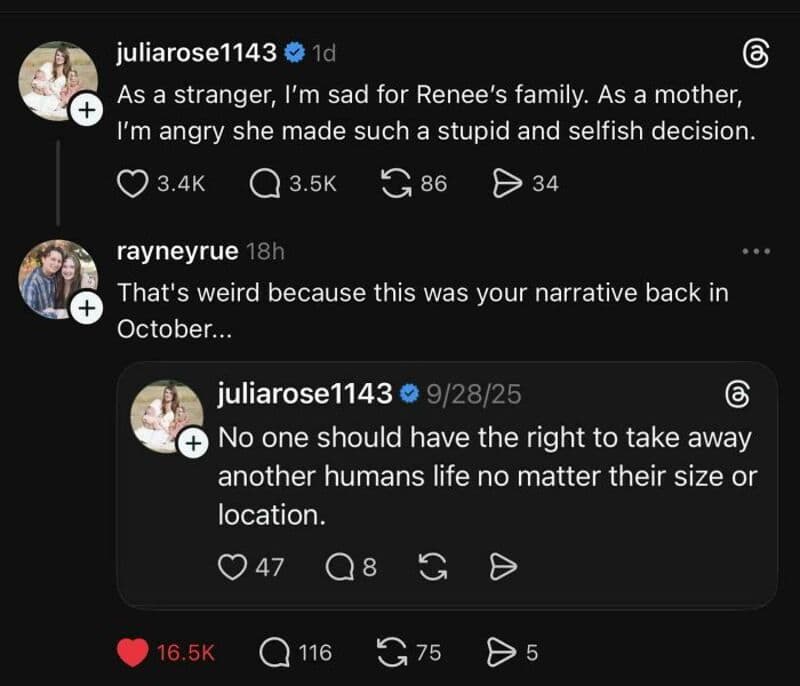 Social media comments about Renee's family and narrative back in October.