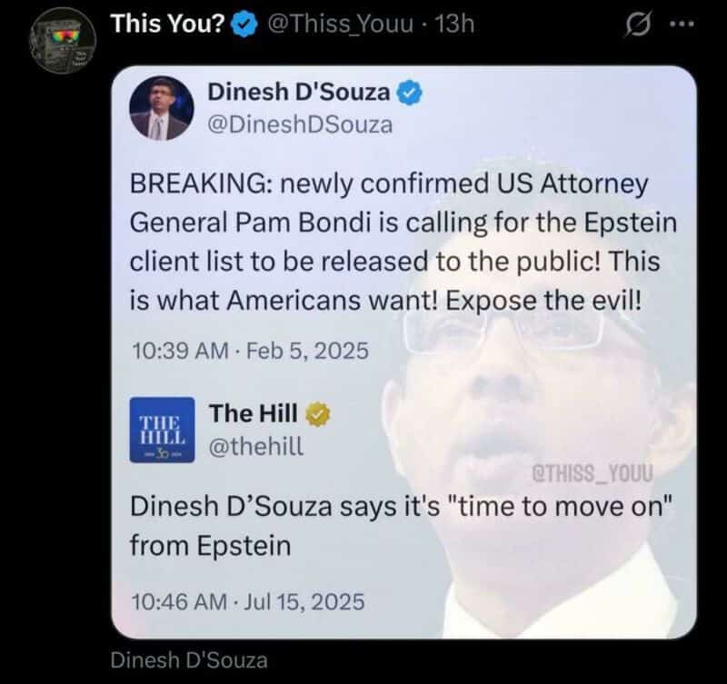 Twitter screenshot with a tweet about US Attorney General Pam Bondi and Epstein client list.