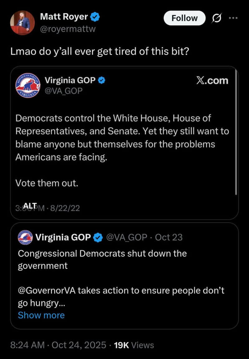 Twitter exchange about Democrats controlling government and shutting down government.