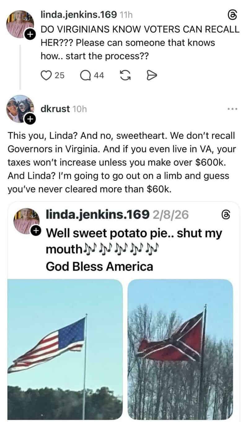 A social media post with a conversation about Virginia voters and a patriotic image.