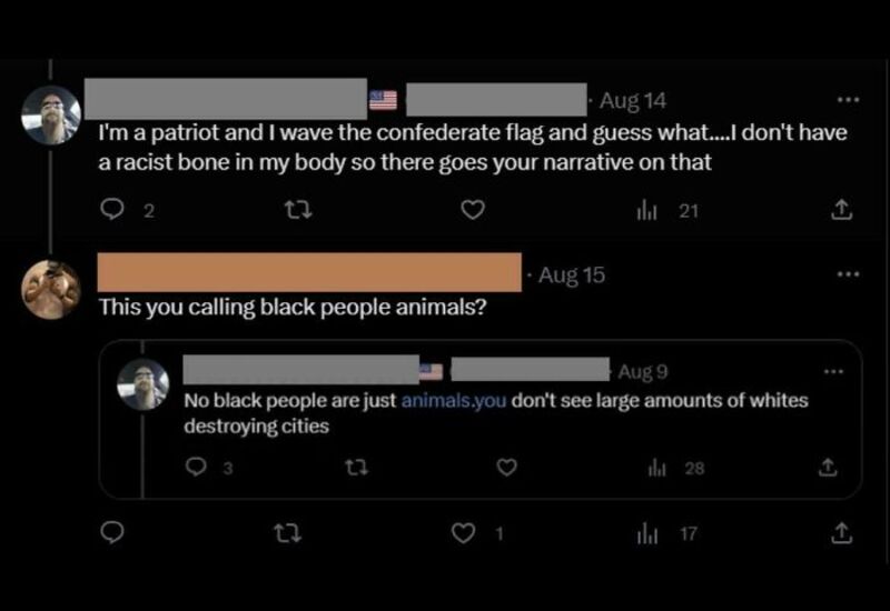 Twitter conversation about patriotism, confederate flag, and race.