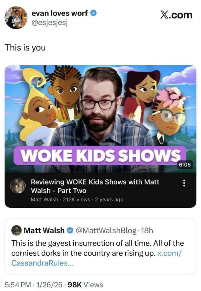 Screenshot of a tweet with animated characters and text about woke kids shows.