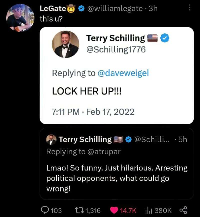 Twitter exchange with Terry Schilling saying 'LOCK HER UP!!!' and 'Lmao! So funny. Just hilarious.