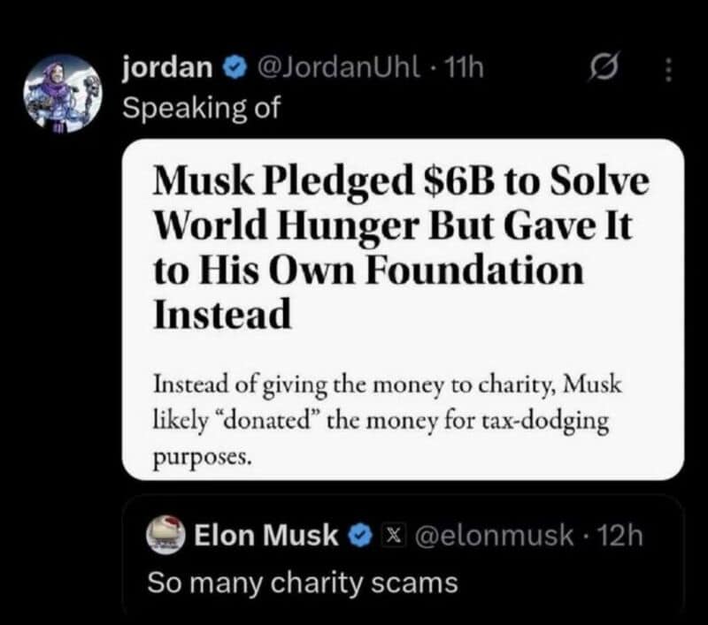Musk pledged $6B to solve world hunger but gave it to his foundation instead.