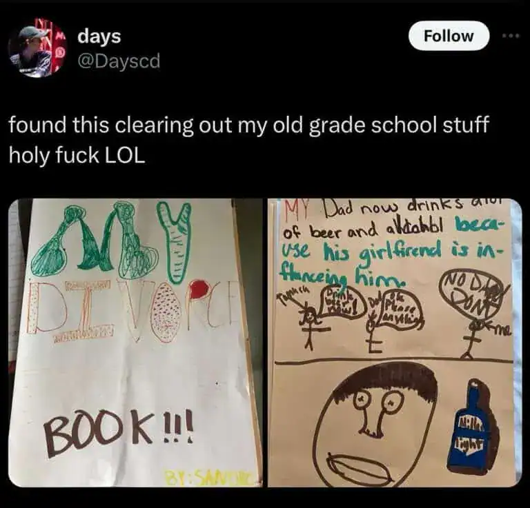 Child's drawing of a book titled 'MY DIARY' and a humorous note about drinking beer.