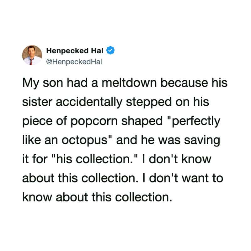 Twitter post about son's meltdown over popcorn shaped like an octopus.