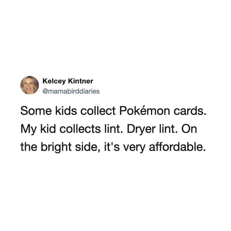 Kids collecting Pokémon cards, with one kid holding a card and a bright, affordable dryer lint.