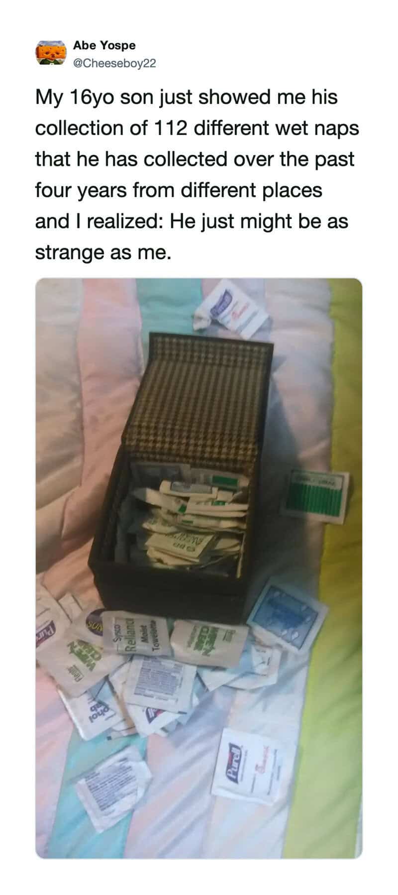 Collection of 112 different wet naps shown by 16-year-old son, with some outside the box.