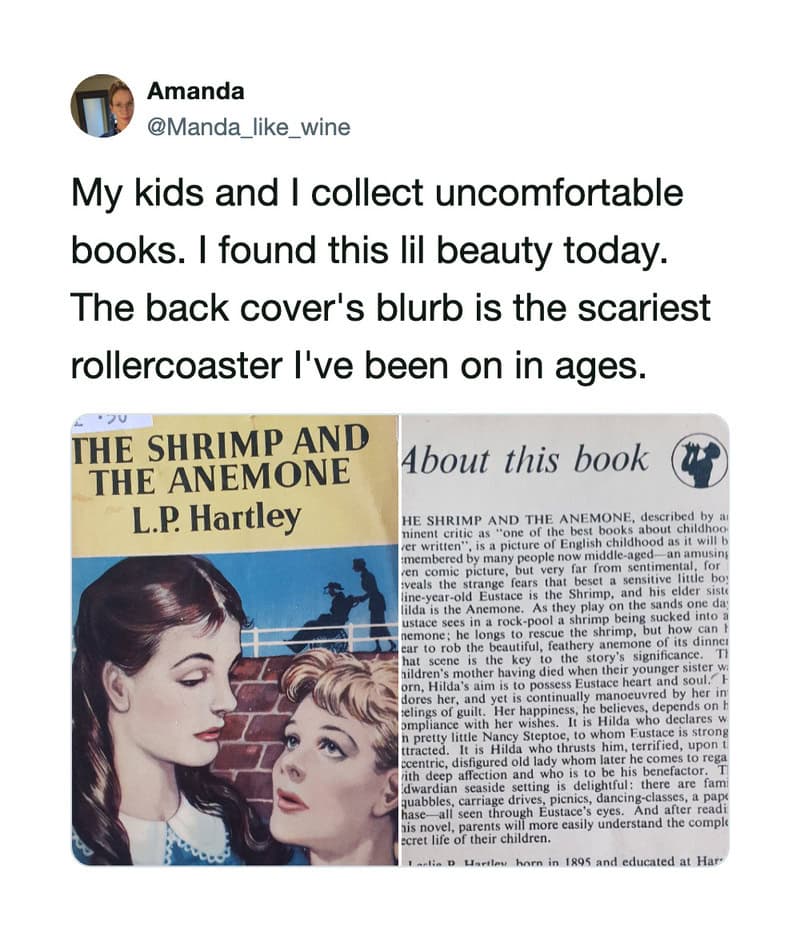 Kids collecting books, with a focus on 'The Shrimp and the Anemone' by L.P. Hartley.
