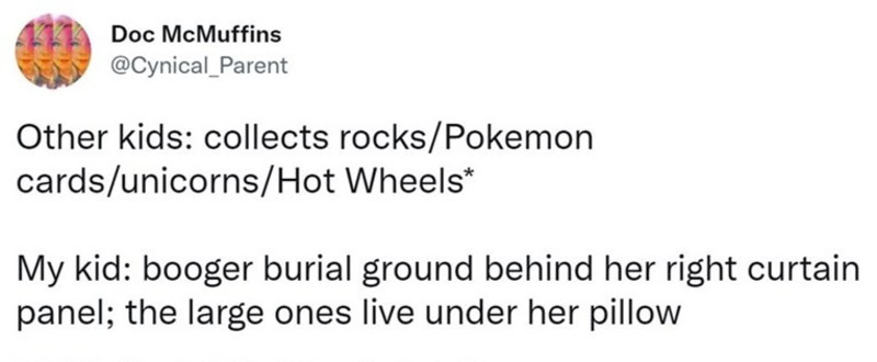 Kids collecting rocks, Pokémon cards, unicorns, Hot Wheels; girl buried in pillows.