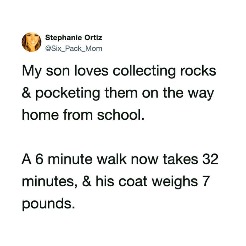 Child collecting rocks on the way home from school.