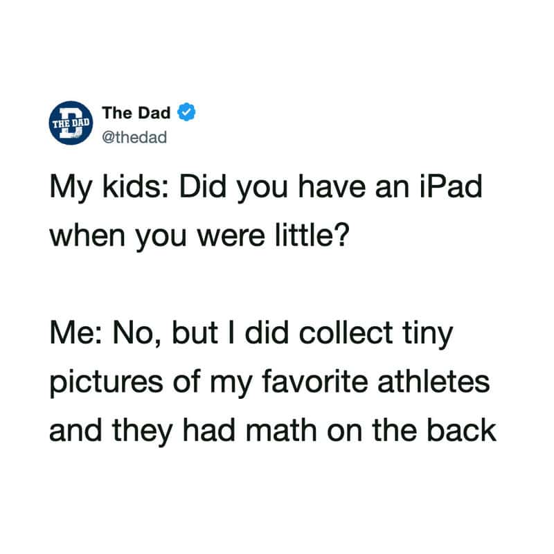 A tweet from The Dad about collecting tiny pictures of favorite athletes with math on the back.