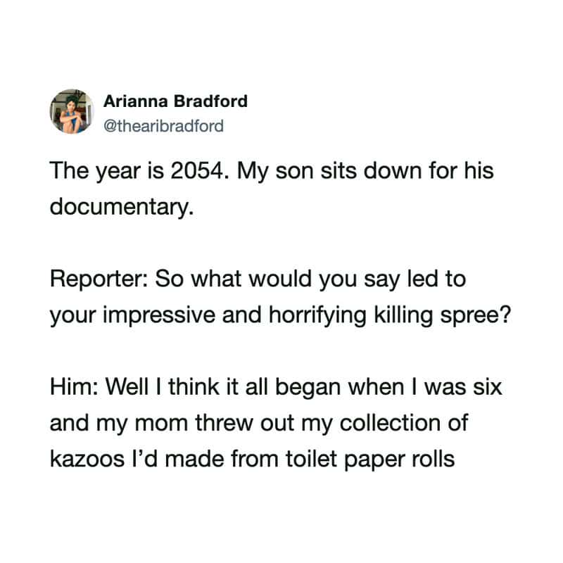 A humorous quote about a future killing spree involving kazoo collection.